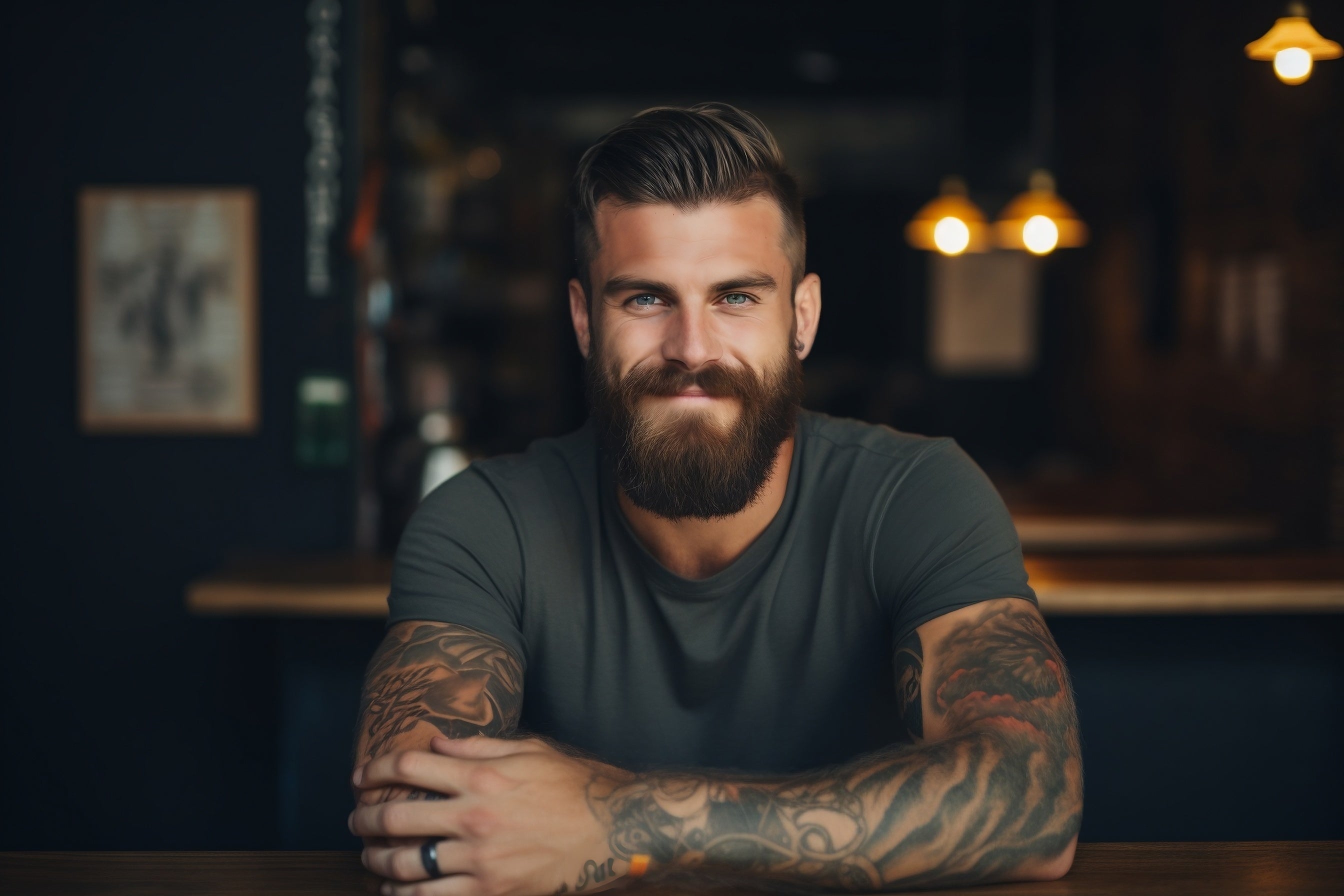 Man with tattoos and a beard sitting at a table in a dimly lit room.