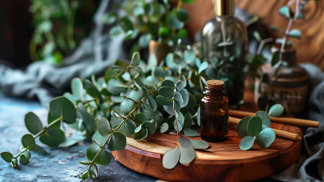 Bottle of essential oil with eucalyptus leaves on a wooden board