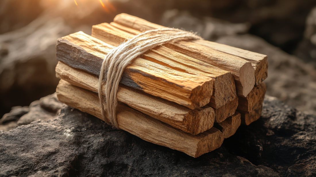 Wood tied together with twine on a dark surface