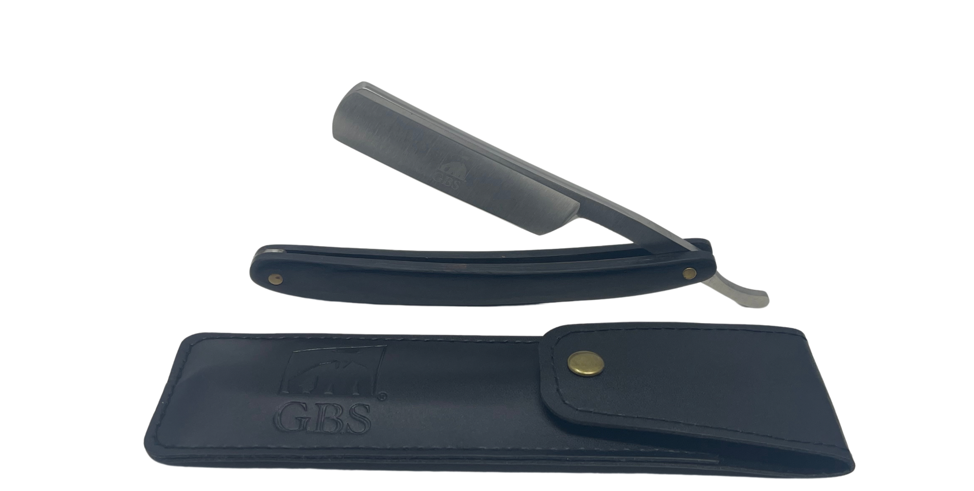 Straight razor with black leather case on a white background