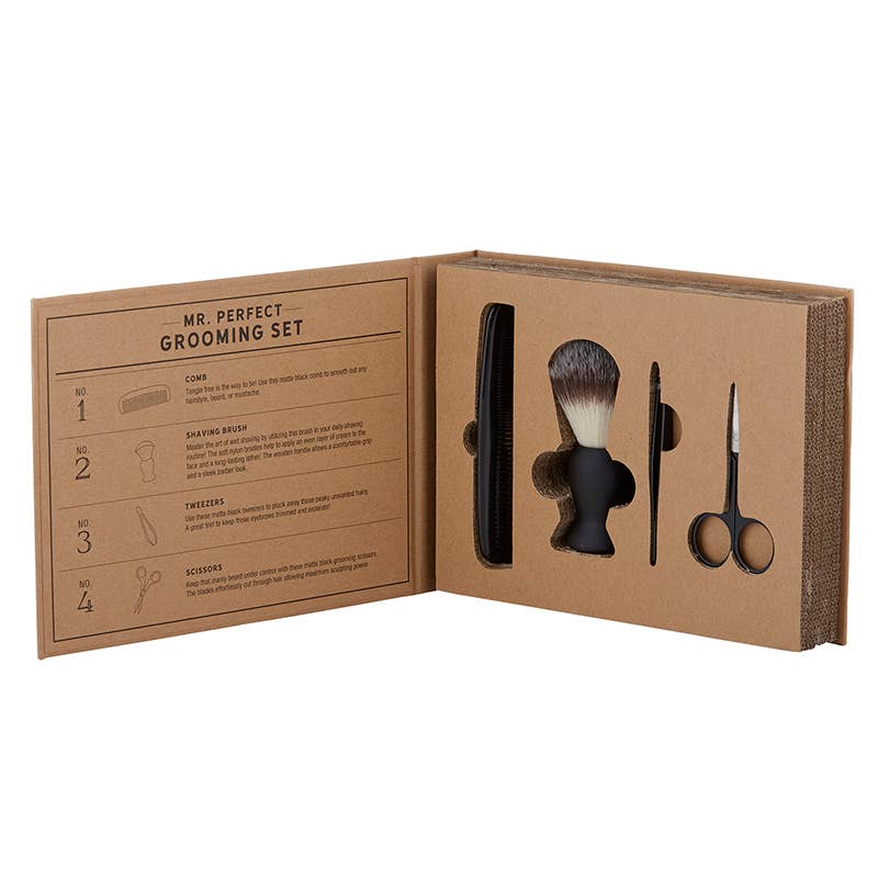 Grooming set with a cardboard box displaying tools and an instruction sheet on a white background.