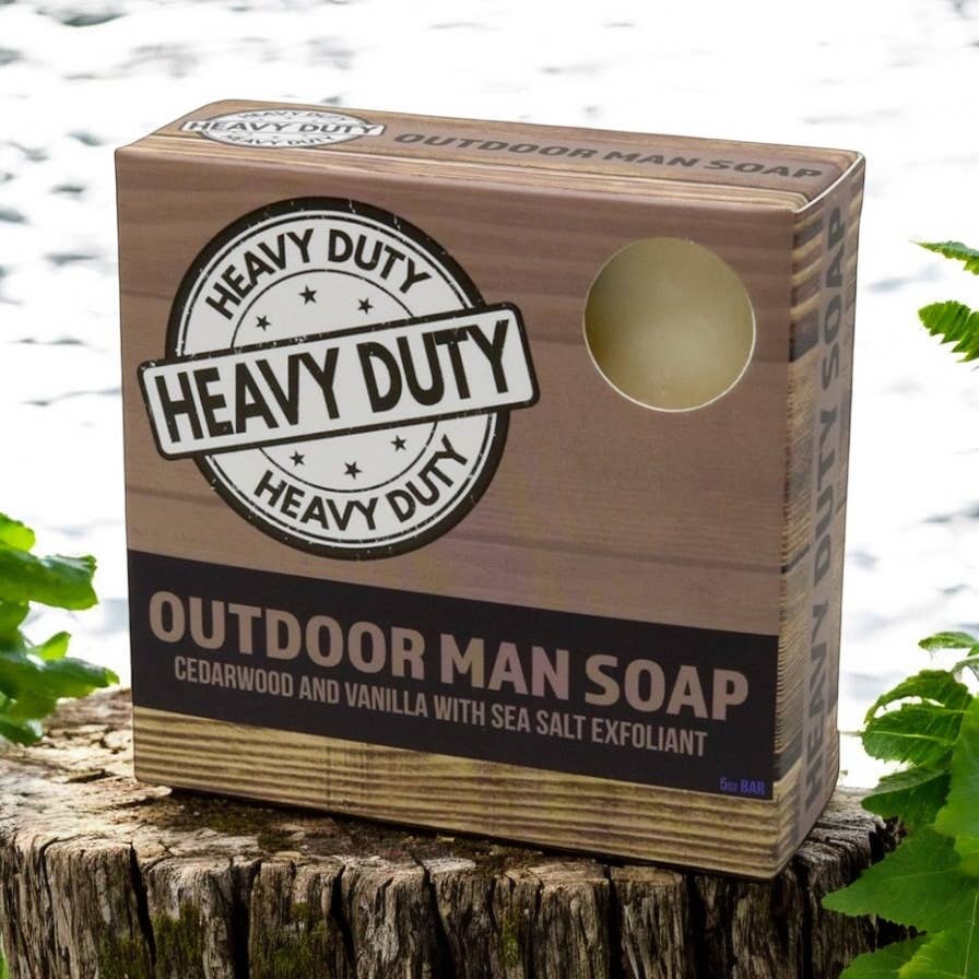 Box of Heavy Duty Outdoor Man Soap on a wooden surface with a natural background